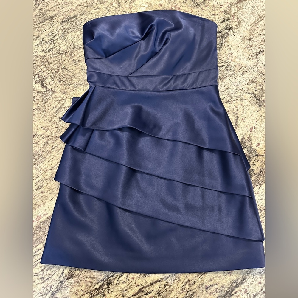 Max and Cleo Mariner Blue Strapless Tiered Ruffle Cocktail Dress Size 8